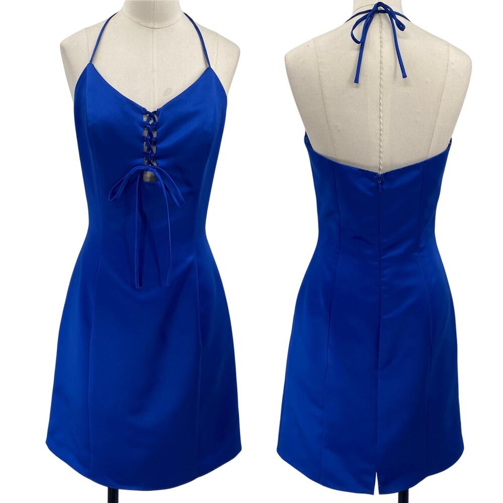 Vintage Royal Blue Lace-Up Halter Mini Dress